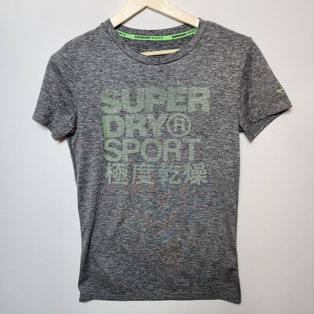 Superdry Sport Logo Graphic Space Dye Grey Lime Green T-Shirt Size Small
